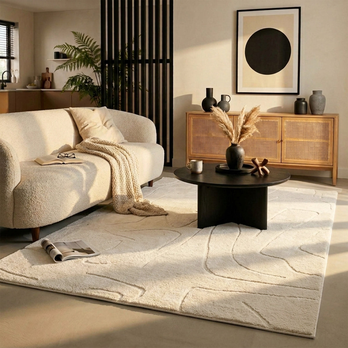 Japandi vloerkleed - Yori Abstract Lines Creme