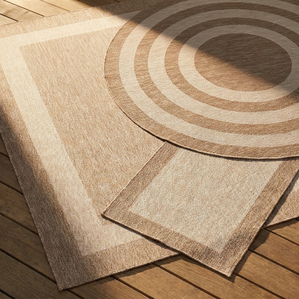 Round Indoor & Outdoor Rug – Sierra Border Cream/Beige