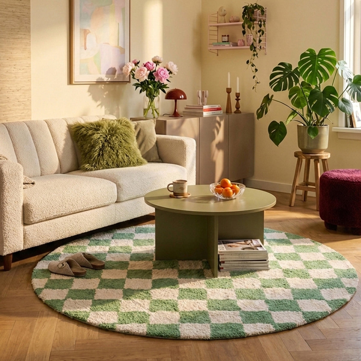 Rond retro vloerkleed - Gambit Groen/Wit