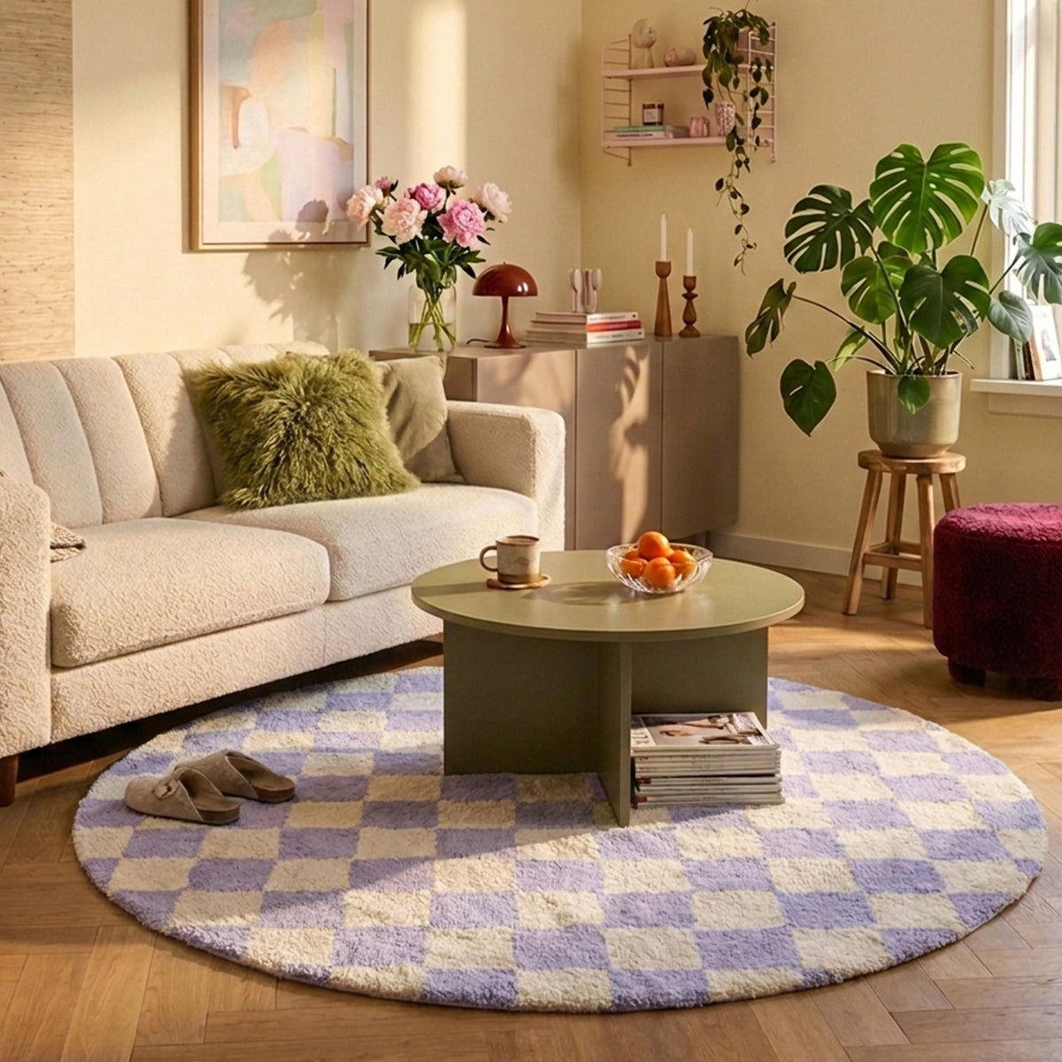 Rond retro vloerkleed - Gambit Lila/Wit