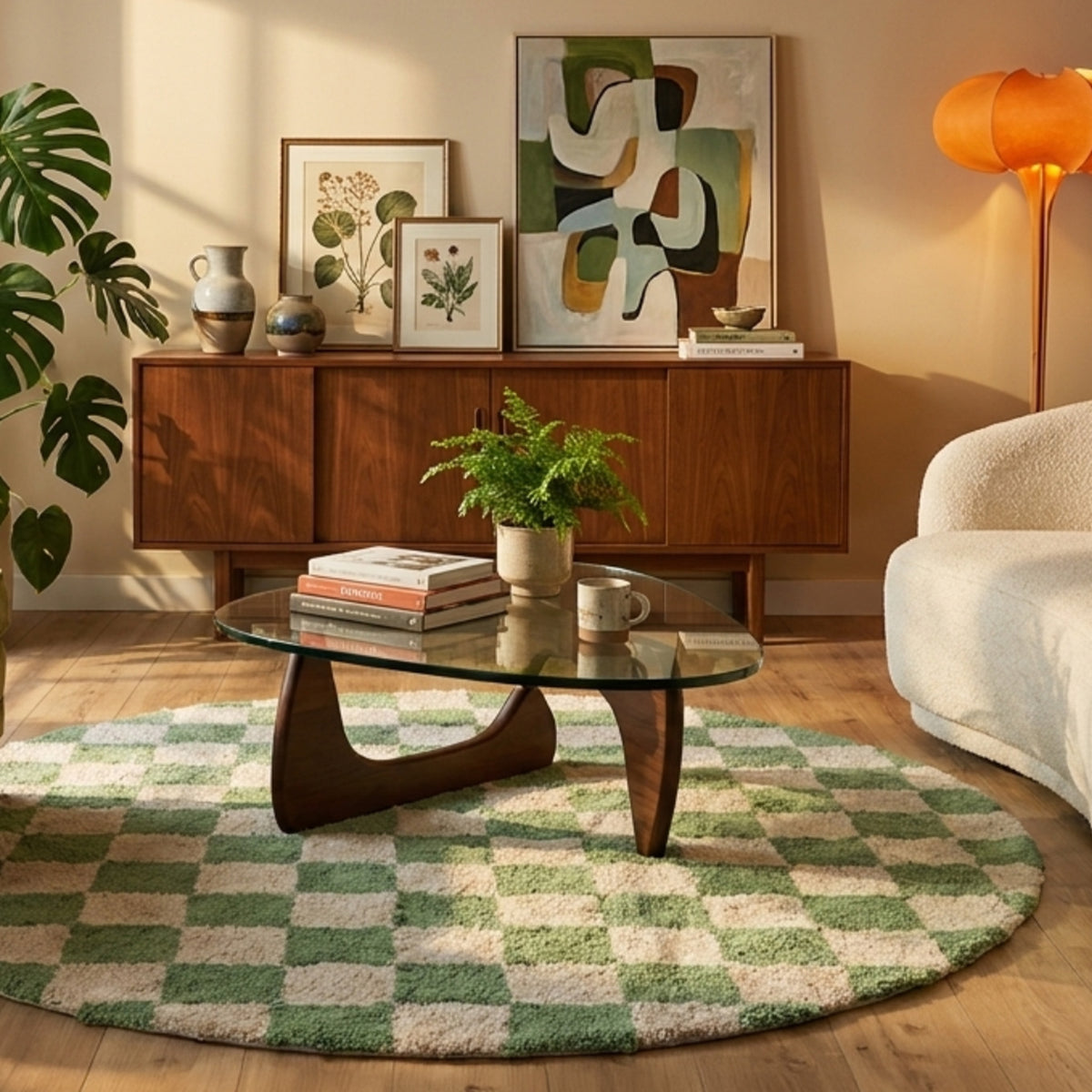 Rond retro vloerkleed - Gambit Groen/Wit