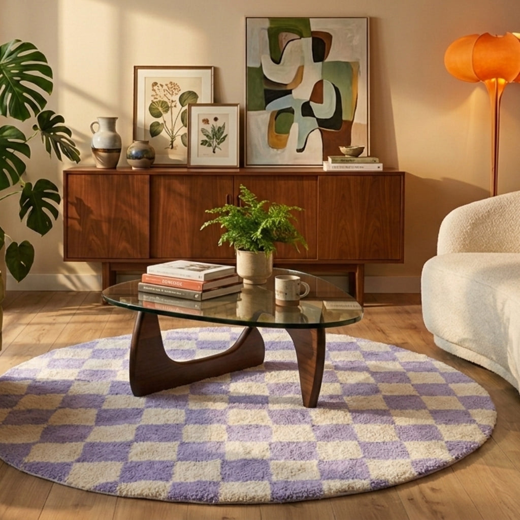 Rond retro vloerkleed - Gambit Lila/Wit