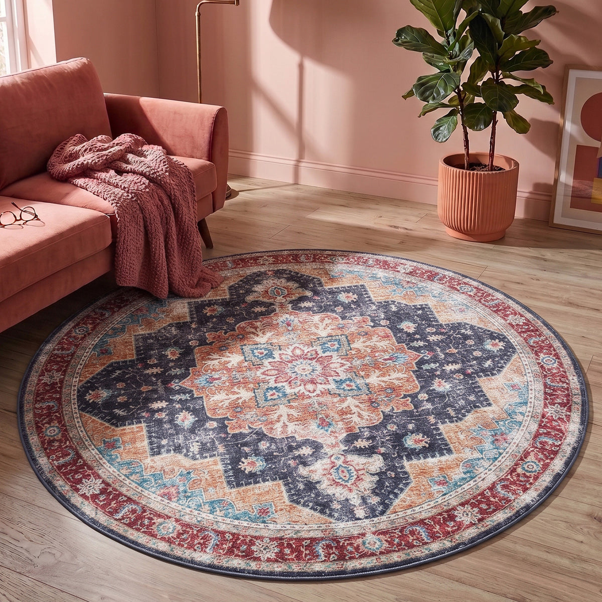 Rond Vintage vloerkleed - Azara Blauw/Rood