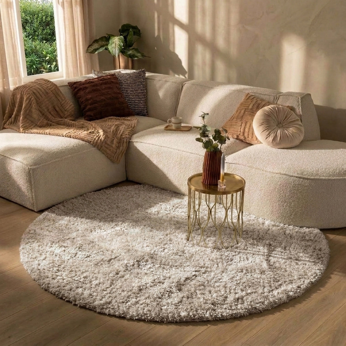 Rond Shaggy vloerkleed - Blaze Beige/Grijs