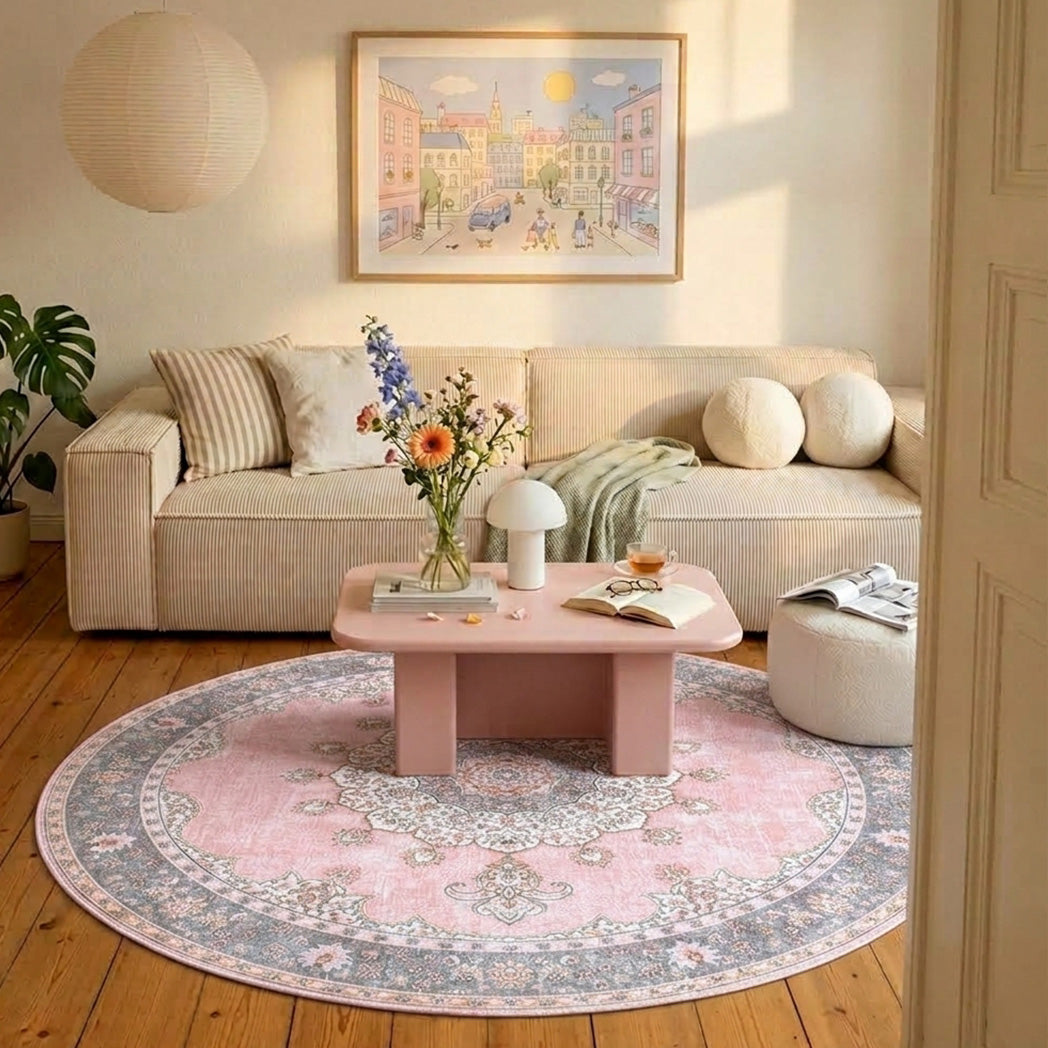 Rond vintage vloerkleed - Lily Medaillon Roze