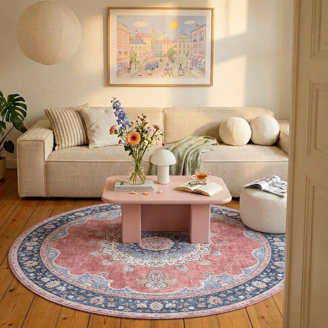 Rond vintage vloerkleed - Lily Medaillon Rood/Roze
