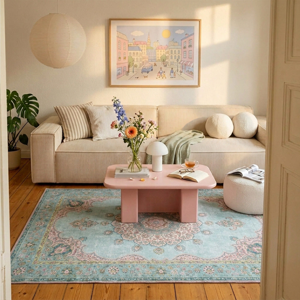 Vintage vloerkleed - Lily Medaillon Lichtblauw