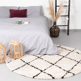 Rond hoogpolig vloerkleed - Grand Lines Creme/Zwart