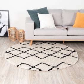Rond hoogpolig vloerkleed - Grand Diamond Creme/Zwart