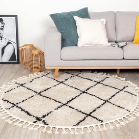 Rond hoogpolig vloerkleed - Grand Lines Weave Creme/Zwart