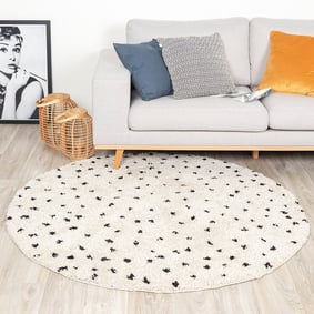 Rond hoogpolig vloerkleed - Grand Dots Creme/Zwart