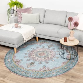 Rond vintage vloerkleed - Lily Medaillon Lichtblauw