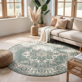 Rond vintage vloerkleed - Spring Medaillon Groen/Creme