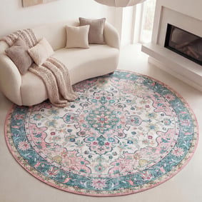 Rond vintage vloerkleed - Lily Oriental Blauw/Roze