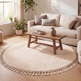 Rond hoogpolig vloerkleed - Lofty Fringe Creme/Wit