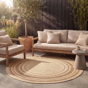Rond jute buitenkleed - Mavi Border Creme/Bruin 