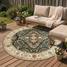 Rond vintage buitenkleed - Santo Flora Donkergroen