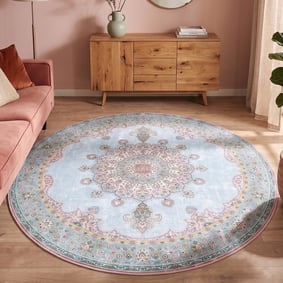 Rond vintage vloerkleed - Lily Medaillon Lichtblauw