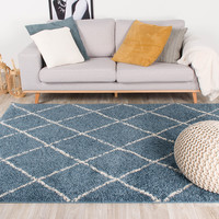 Hoogpolig vloerkleed - Grand Lines Blauw/Creme