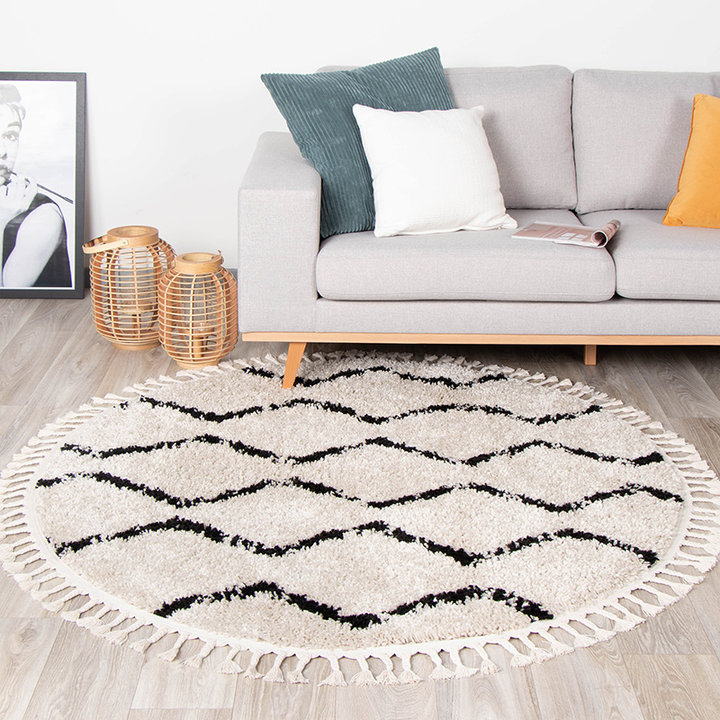 Rond hoogpolig vloerkleed - Grand Wire Weave Creme/Zwart