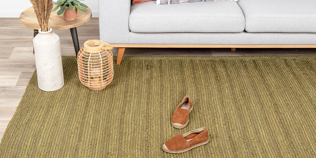 Jute vloerkleed rond met groen print - Merel in Wonderland
