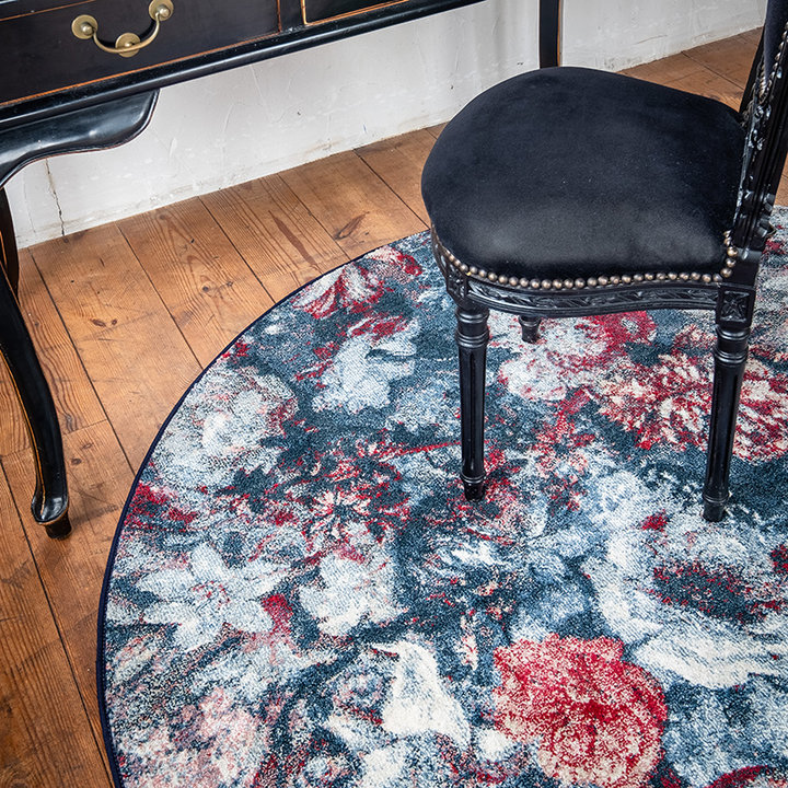 Rond Bloemen vloerkleed - Flores Blauw/Rood - 2