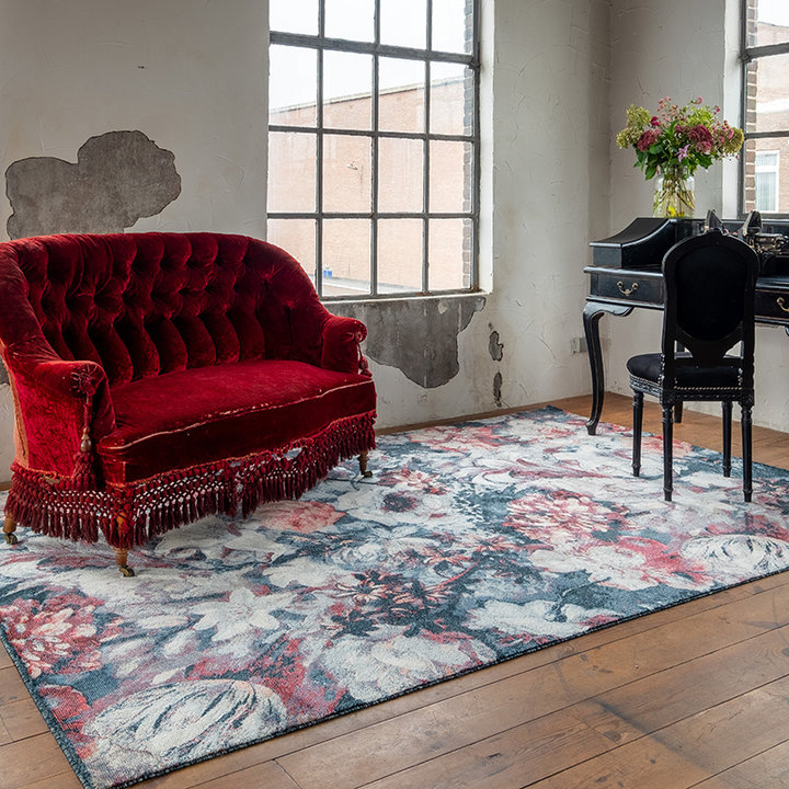 Bloemen vloerkleed - Flores Blauw/Rood - 4