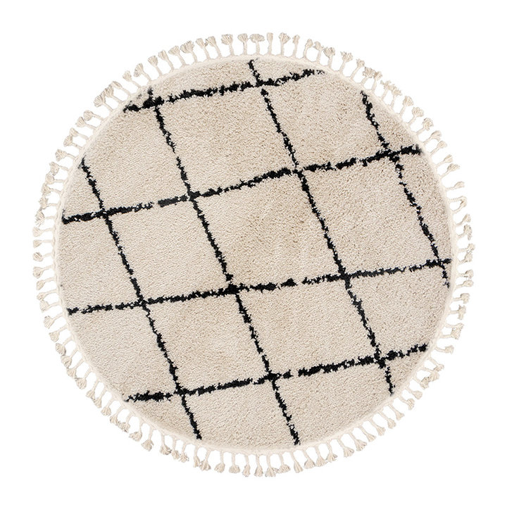 Rond hoogpolig vloerkleed - Grand Lines Weave Creme/Zwart - 1
