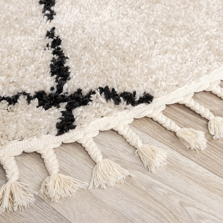 Rond hoogpolig vloerkleed - Grand Lines Weave Creme/Zwart - 5