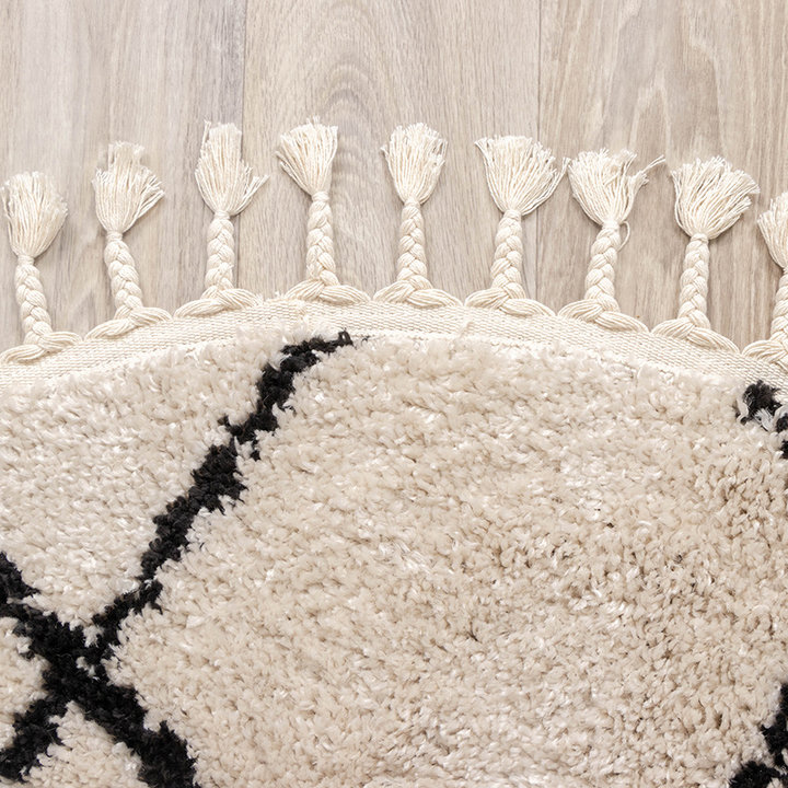 Rond hoogpolig vloerkleed - Grand Lines Weave Creme/Zwart - 6
