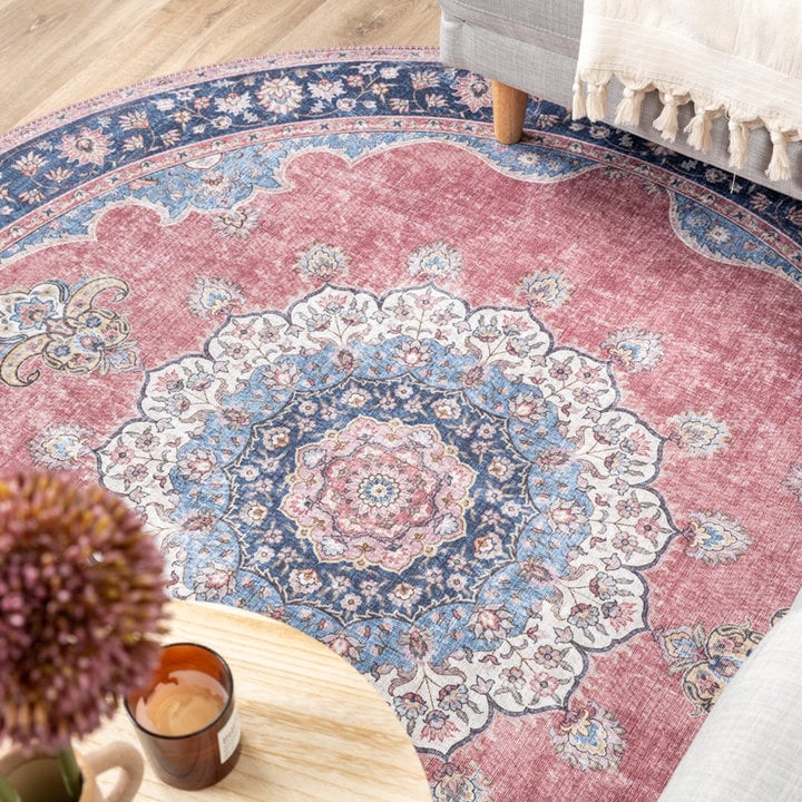 Rond vintage vloerkleed - Lily Medaillon Rood/Roze - 3