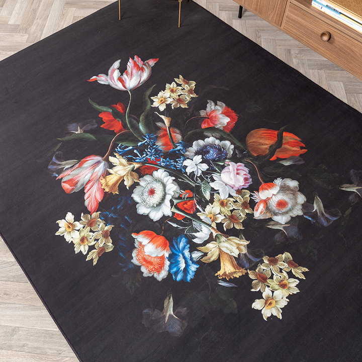 Bloemen vloerkleed - Florine Zwart/Blauw - 2