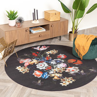 Rond bloemen vloerkleed - Florine Zwart Blauw