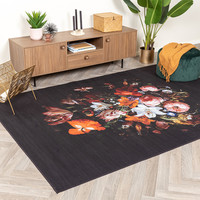Bloemen vloerkleed - Florine Zwart Oranje