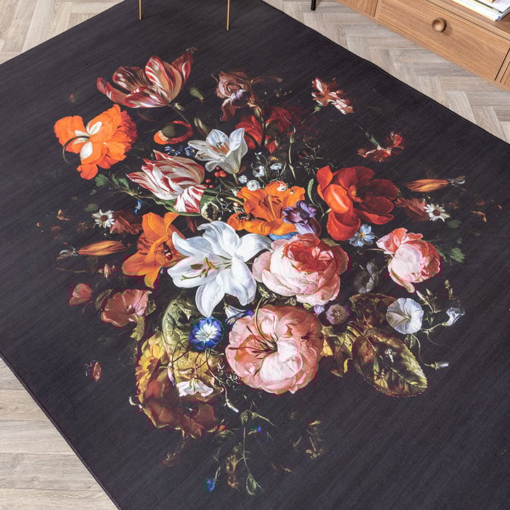 Bloemen vloerkleed - Florine Zwart/Oranje - 2