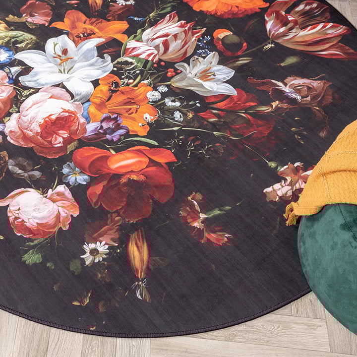 Rond bloemen vloerkleed - Florine Zwart/Oranje - 2