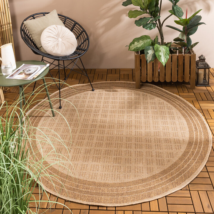 Rond jute buitenkleed - Mavi Border Bruin/Creme 