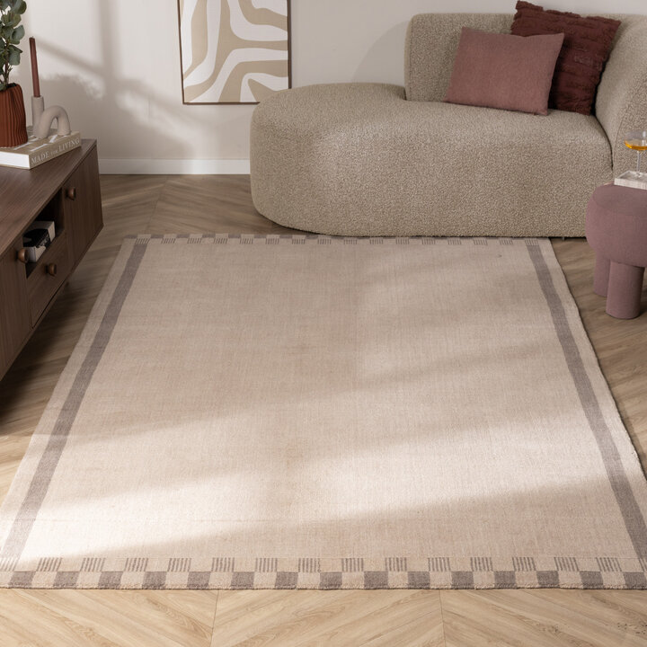 Wollen vloerkleed - Valencia Border Taupe/Grijs