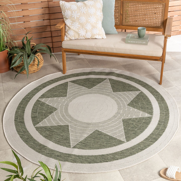 Rond jute buitenkleed - Nusa Sun Groen/Creme 