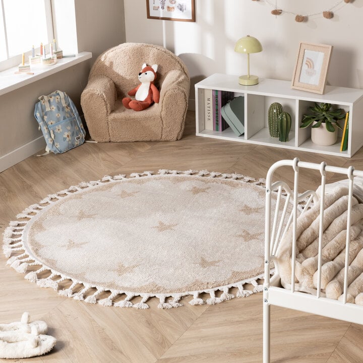 Rond wasbaar kindervloerkleed - Moos Star Creme 