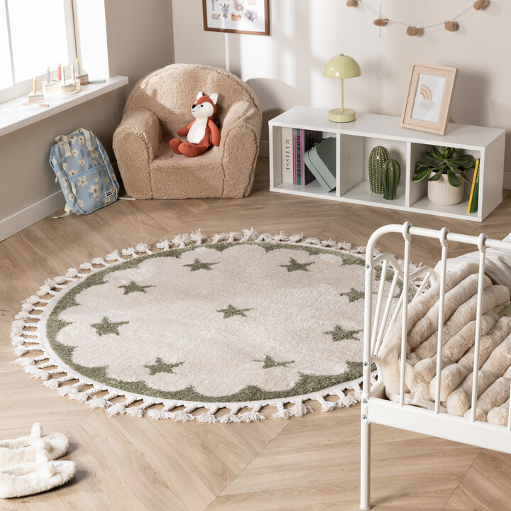 Rond wasbaar kindervloerkleed - Moos Star Groen 
