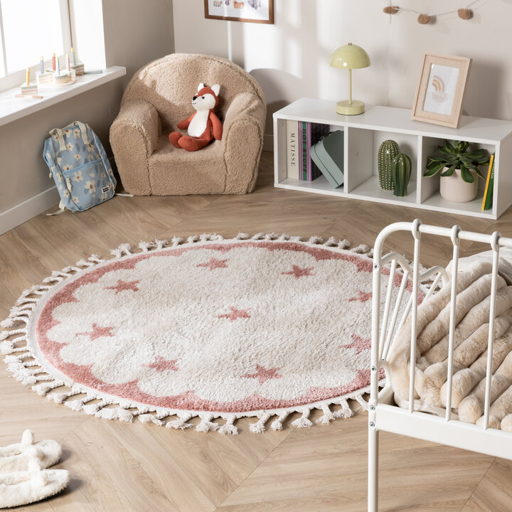 Rond wasbaar kindervloerkleed - Moos Star Roze