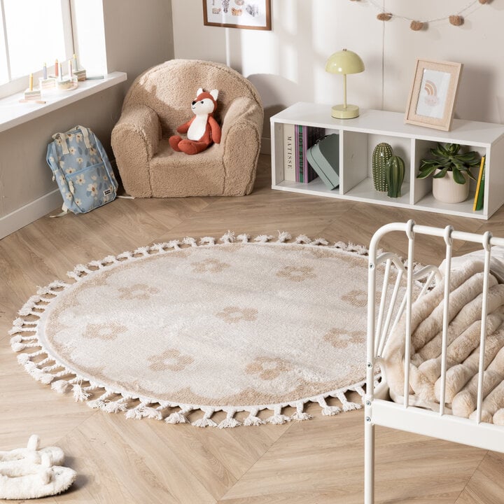 Rond wasbaar kindervloerkleed - Moos Flower Creme 