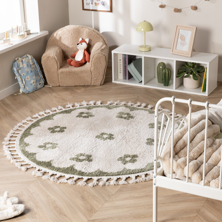 Rond wasbaar kindervloerkleed - Moos Flower Groen 