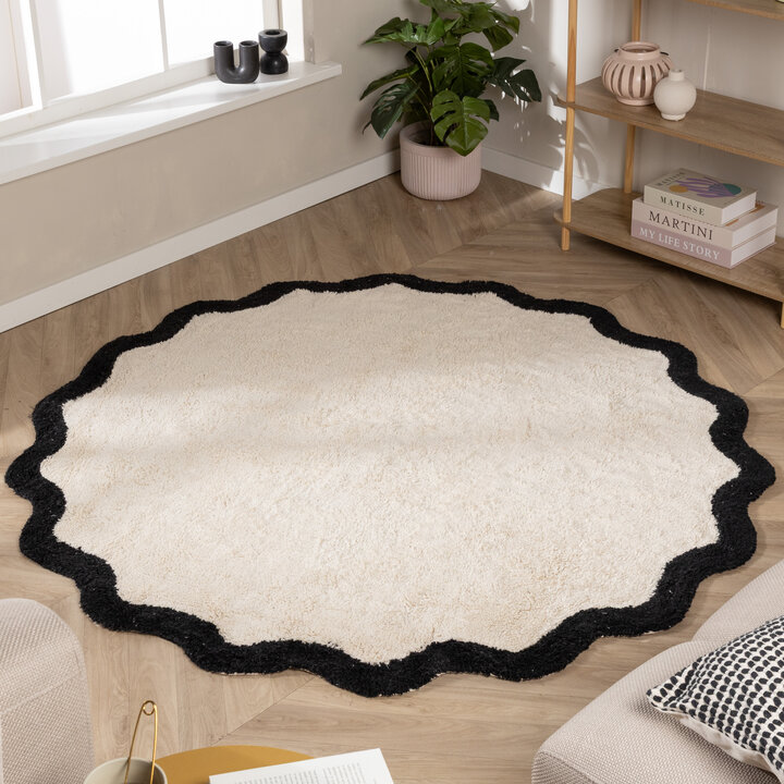 Rond Wasbaar vloerkleed - Hazy Zwart/Creme