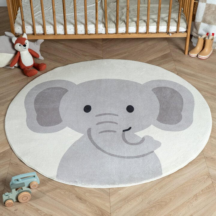 Rond wasbaar kindervloerkleed - Sammy Elephant Grijs