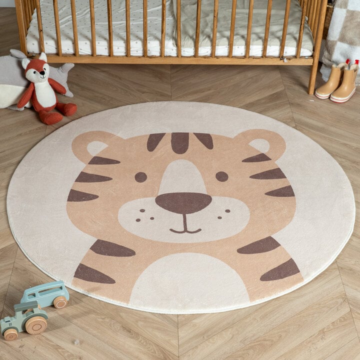 Rond wasbaar kindervloerkleed - Sammy Tiger Beige