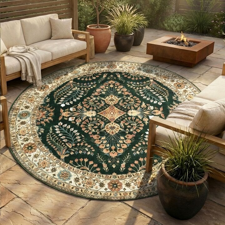 Rond vintage buitenkleed - Santo Flora Donkergroen 