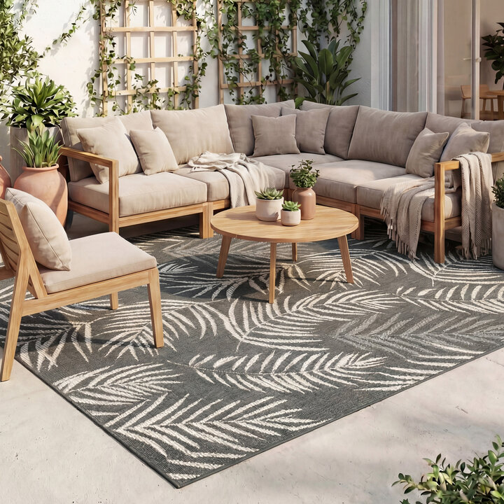 Buitenkleed - Malta Leaves Zwart