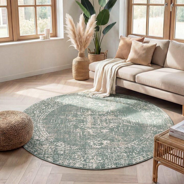 Rond vintage vloerkleed - Spring Ethnic Groen/Creme